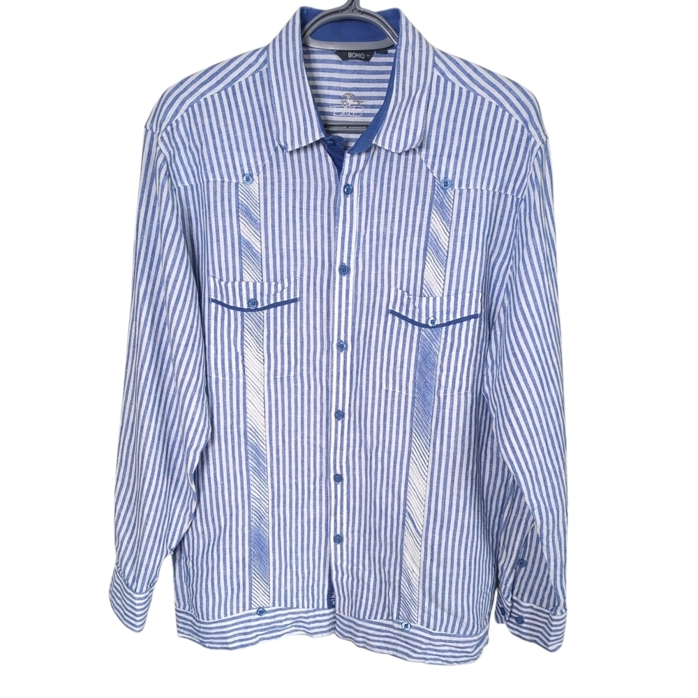 Bohio Blue Striped Linen Blend Nautical Beachy Button‎ Up Shirt Size Large